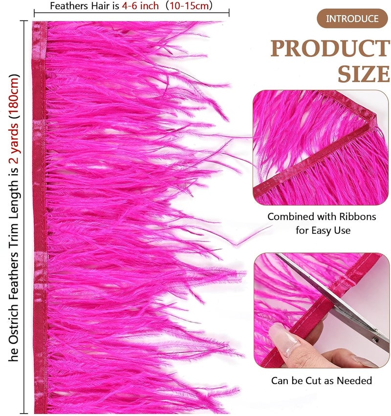 whitefeather 2 Yards 4-6inch Dyed Ostrich Feathers Trim Fringe for DIY Dress Sewing Crafts Ostrich Feathers Costumes Decoration (hot Pink) - Image 2